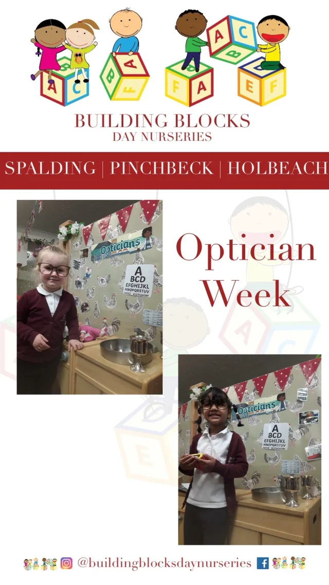 At this age, little minds are growing fast—and so is their curiosity! Teaching our nursery children about the opticians not only sparks their interest but builds awareness and confidence.

👁️‍🗨️ Learning about opticians helps children:

Understand the importance of looking after their eyesight 👀

Become familiar with visiting the optician, reducing fear or anxiety

Recognise that help is all around them in their community

From trying on glasses in role play to reading stories about eye tests, these activities lay the foundation for healthy habits and a respect for helpers that lasts a lifetime.

#buildingblocks
#buildingblocksspalding
#buildingblockspinchbeck
#buildingblocksholbeach
#buildingblockdaynurseries
#spalding
#pinchbeck
#holbeach
#eyfs 
#daynursery 
#privatedaynursery 
#bbspalding
#bbpinchbeck
#bbholbeach